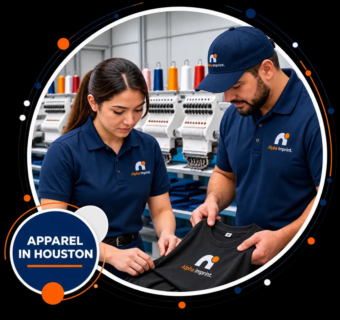 Alpha Imprint team members reviewing decorated apparel in a Houston production workspace