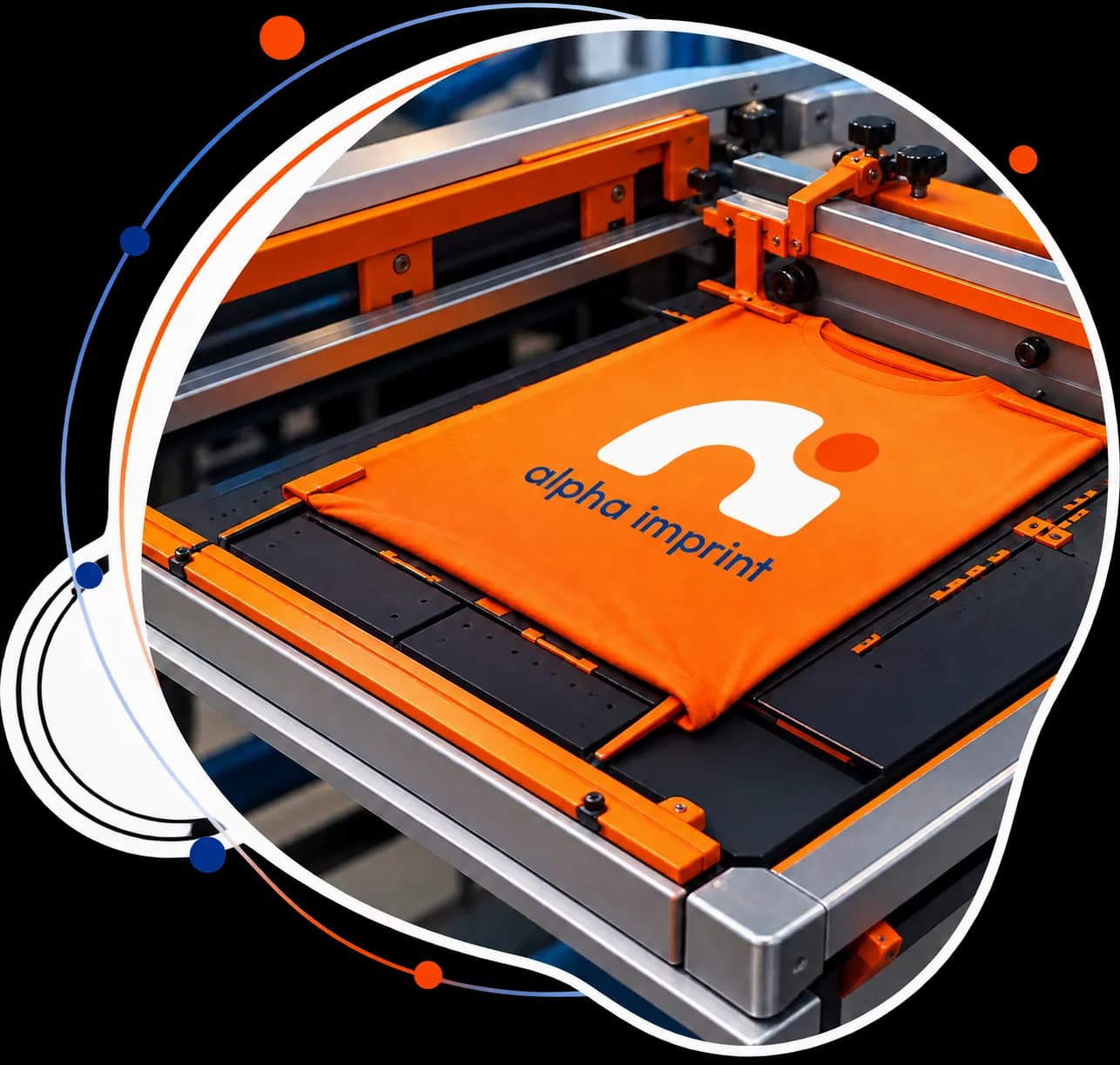 Screen printing Alpha Imprint logo on orange apparel